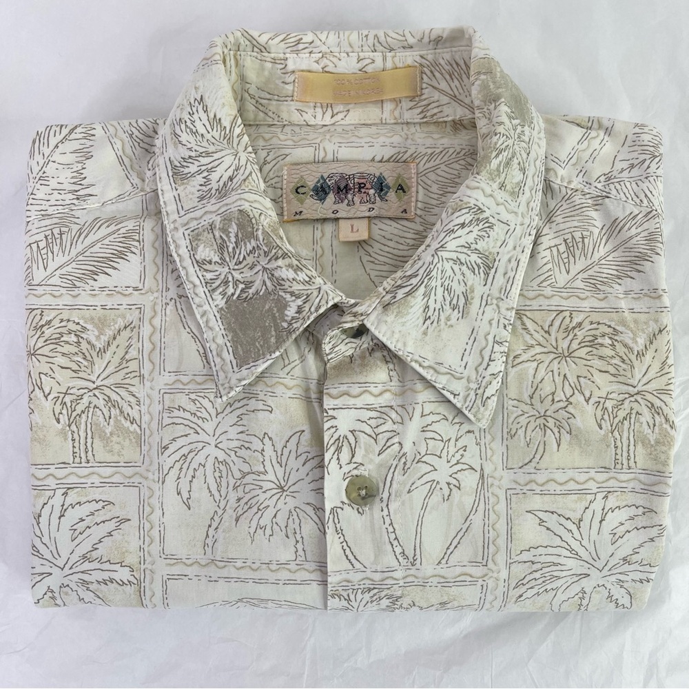 Campia Moda Vintage Hawaiian Palm Tree Print 100% Cotton Camp Shirt Men’s Size L